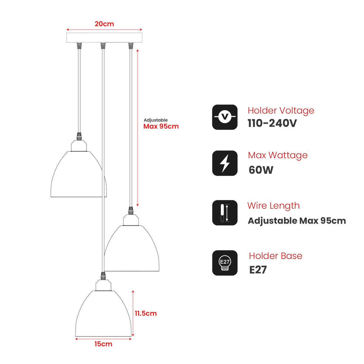 Industrial 3-Head Pendant Light with Adjustable Cables – E27