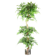 180cm Artificial Twisted Trunk Fruticosa Ficus Tree Triple Ball Topiary 1984 Leaves Silver Metal Planter - Premium Quality