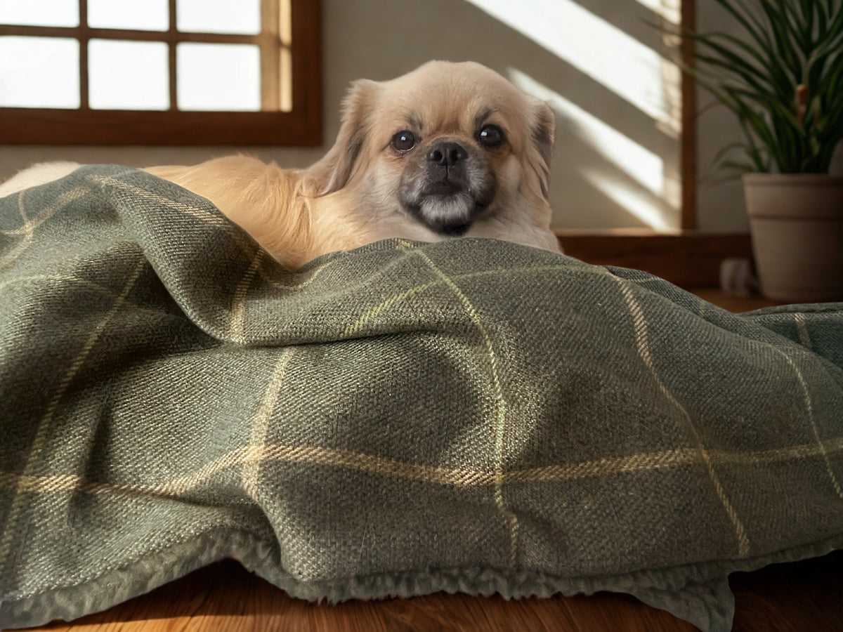 Arlo Forest Green Check Dog Blanket – Luxury Reversible Lambswool Sherpa Throw