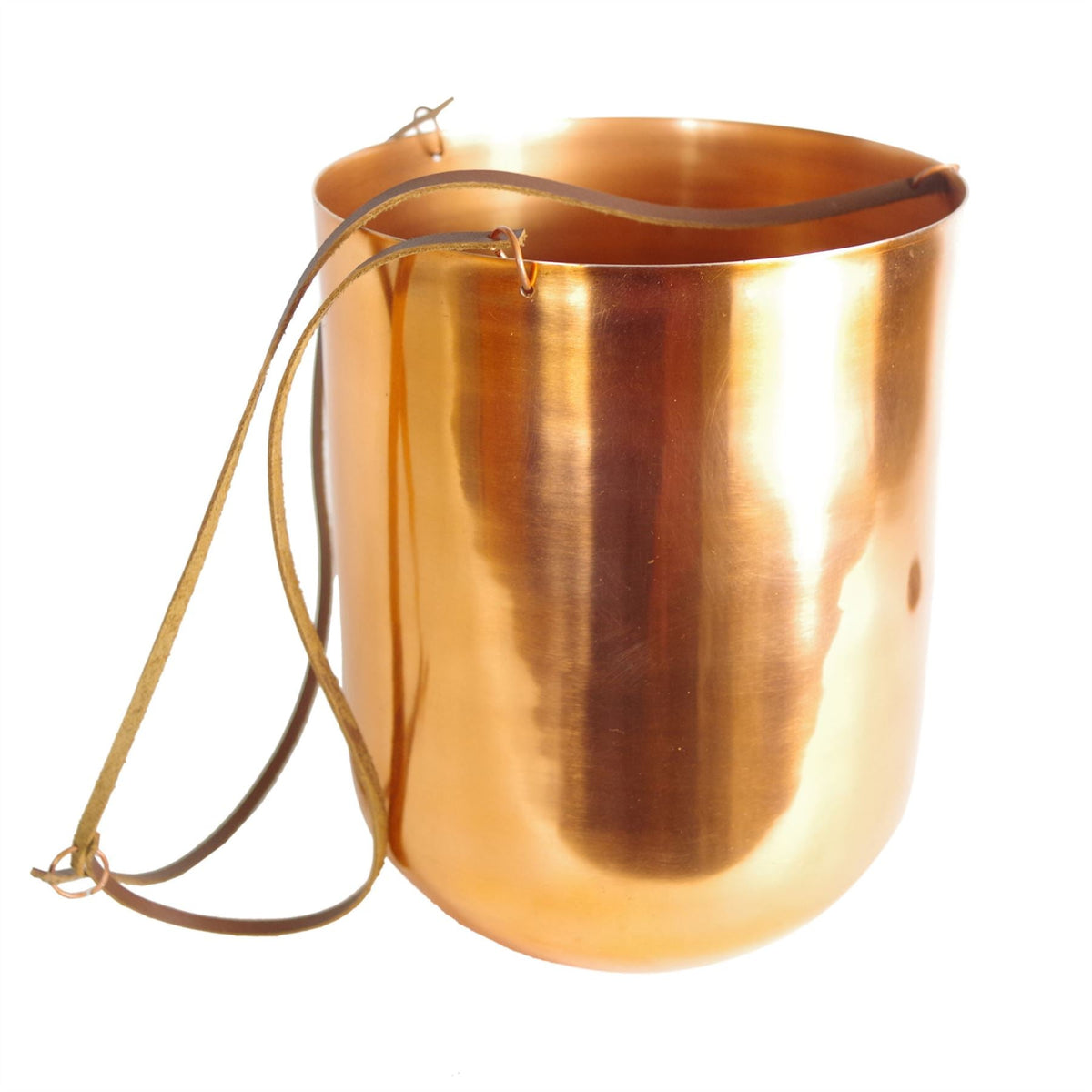 Copper Hanging Planter Leather Straps Modern Contemporary 18 x 22cm