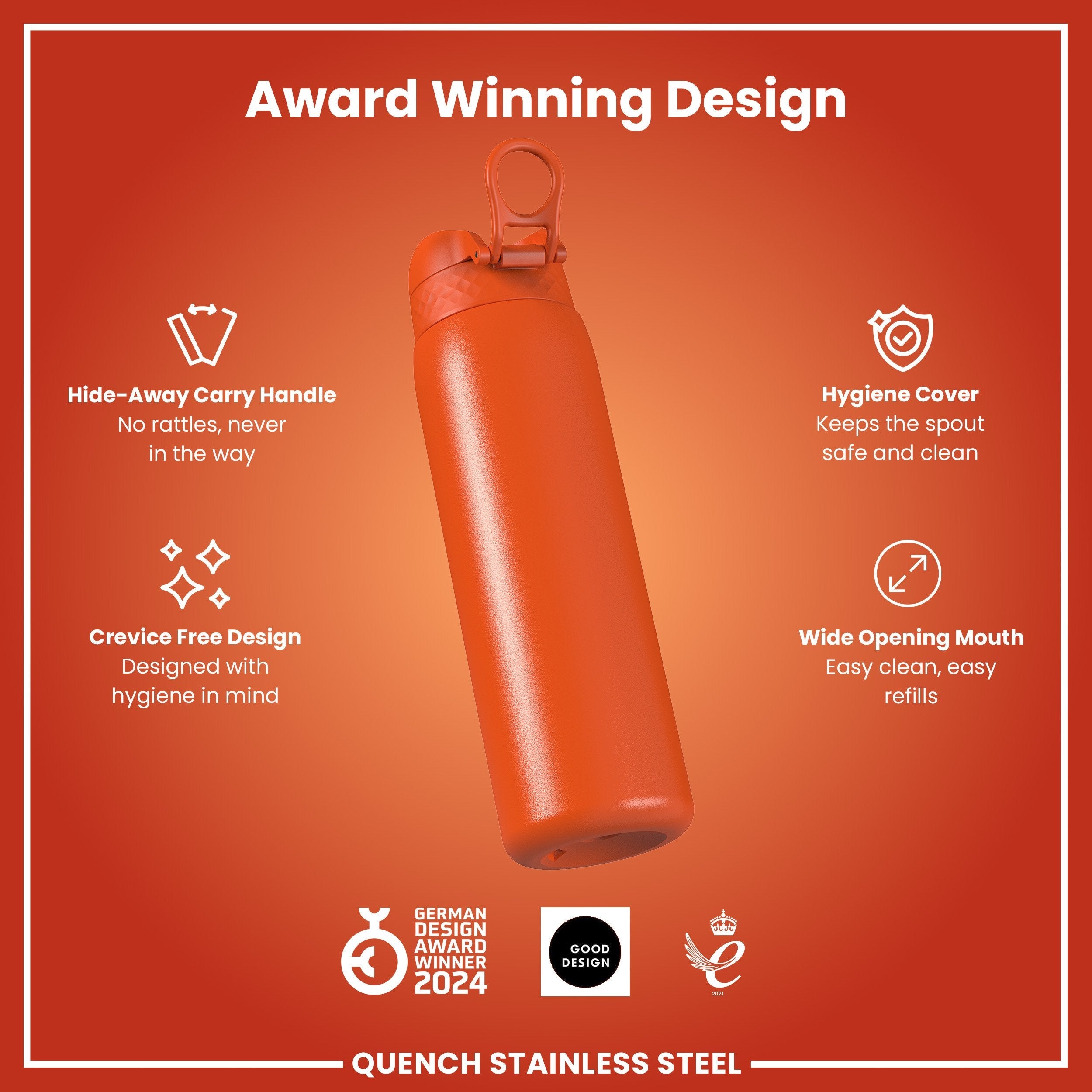 Leak Proof 1 Litre Water Bottle, Stainless Steel, Hearty Orange, 1L