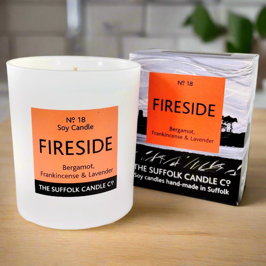 FIRESIDE - Bergamot, Frankincense and Lavender - handmade soy candle - 200g - white glass