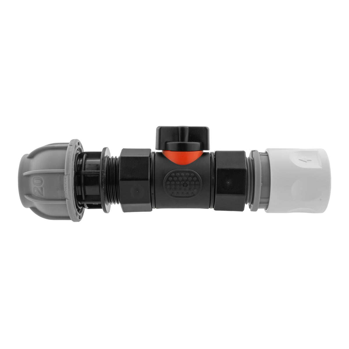 Hose Connector WL with In-Line BSPF Valve and 20mm MDPE Straight Water Connector