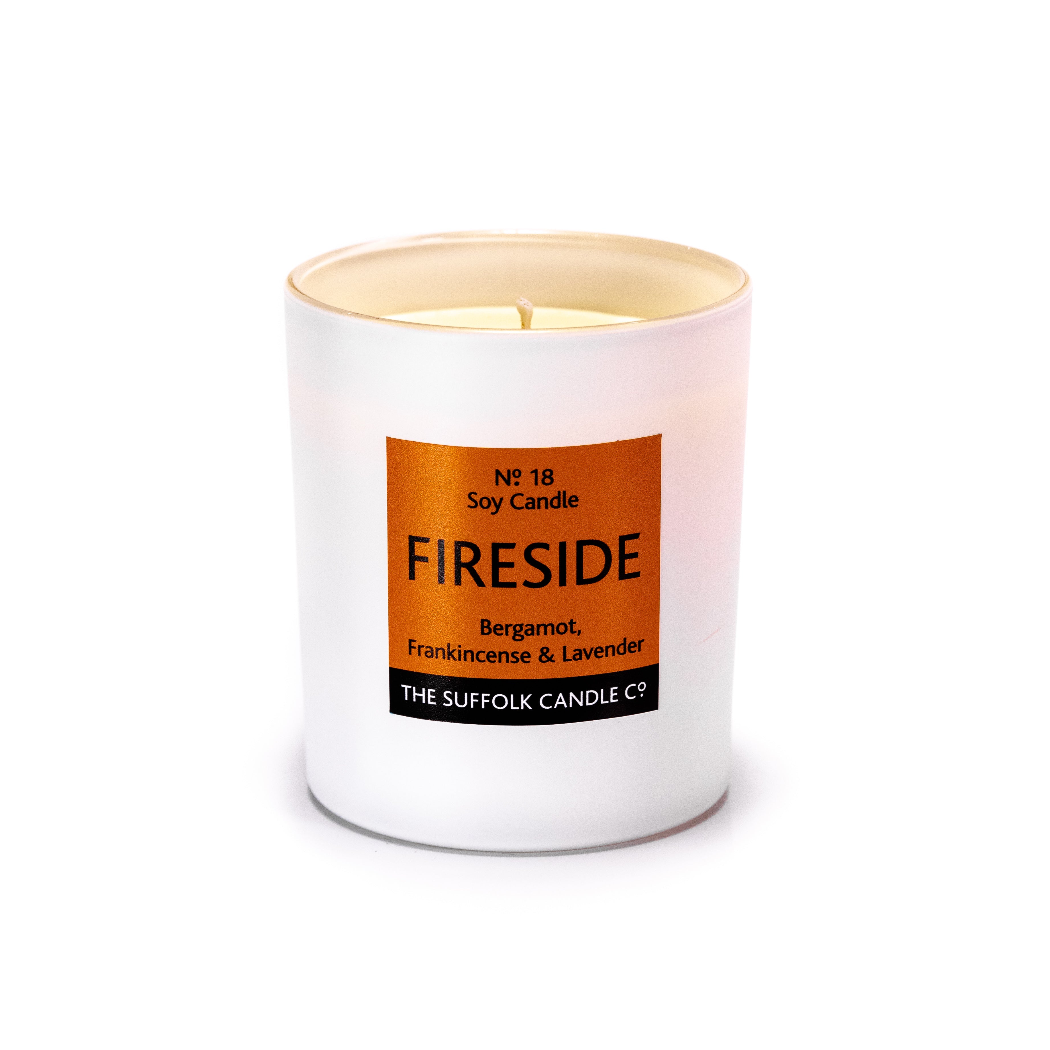 FIRESIDE - Bergamot, Frankincense and Lavender - handmade soy candle - 200g - white glass