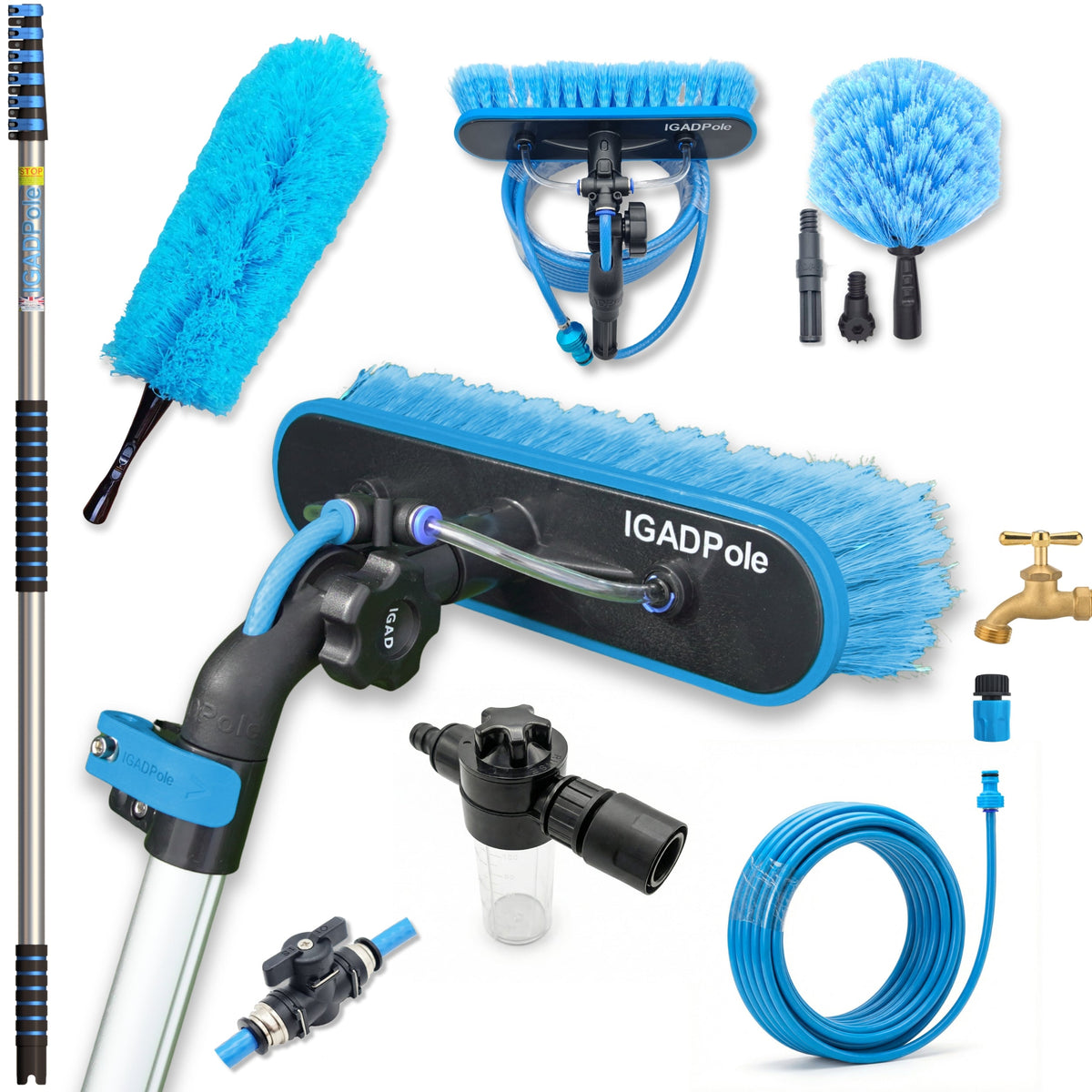 IGADPole 9m (30ft) Water-Fed Pole Cleaning Kit – Includes Water-fed Brush, Cobweb & Microfibre Duster, Soap Dispenser & Hose Tap