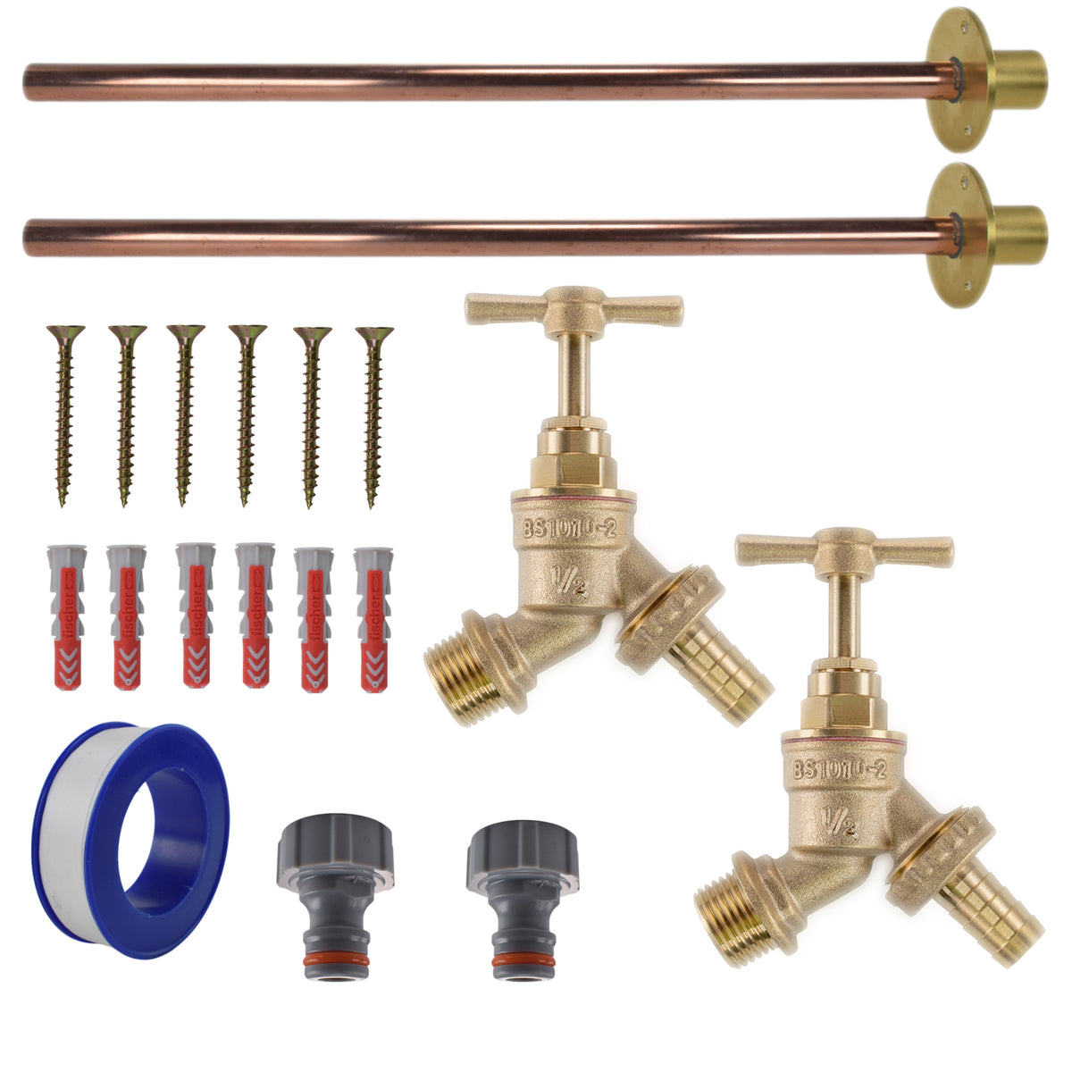 Brass Barbed Bib Tap BASIC Connection Kit x2 Garden Hose Pipe Hose Connector Set