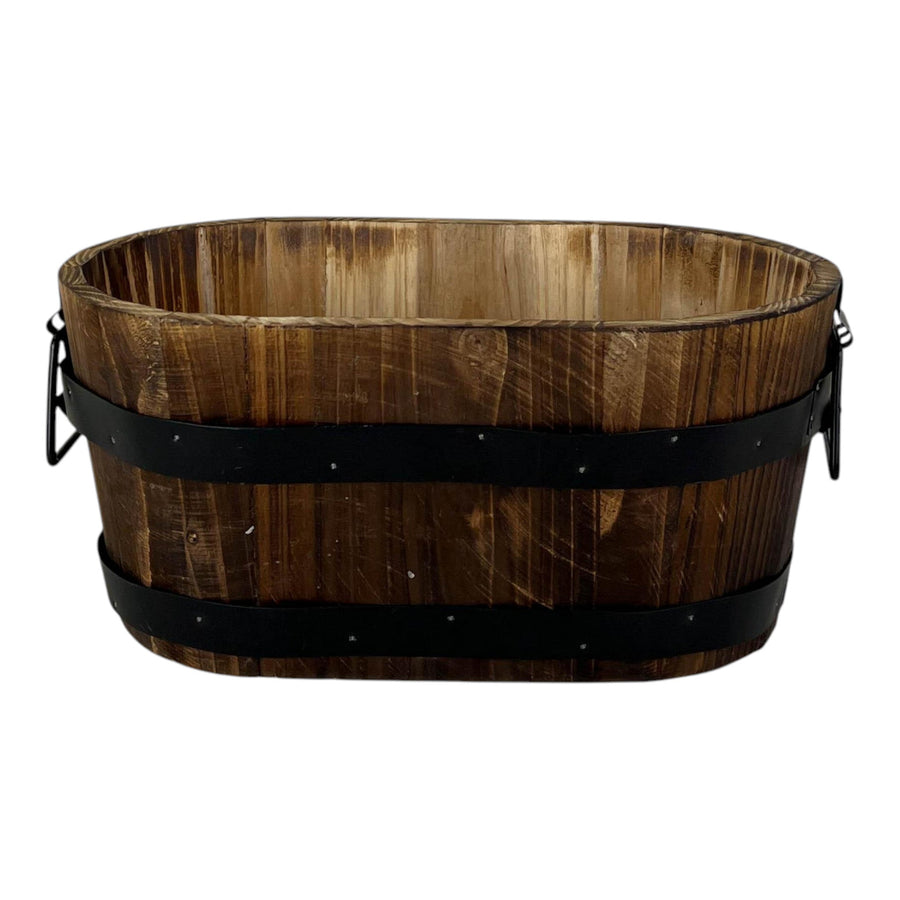 Wooden Oval Planter with 2 Metal Bands and Handles