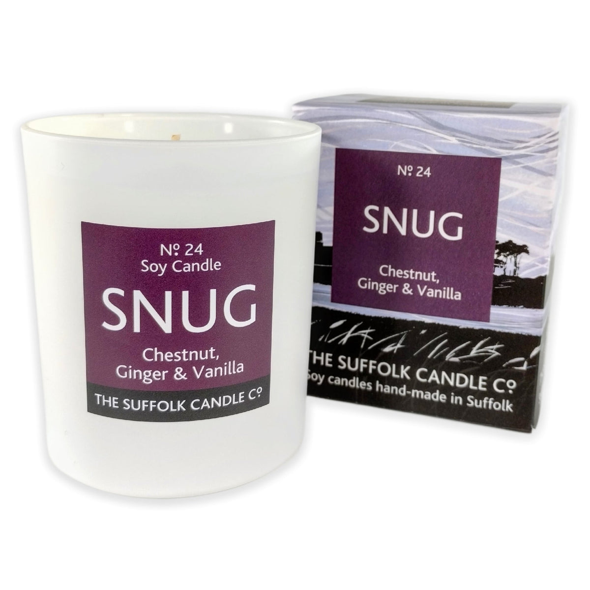 SNUG - Chestnut, Ginger and Vanilla - handmade soy candle - 200g - white glass