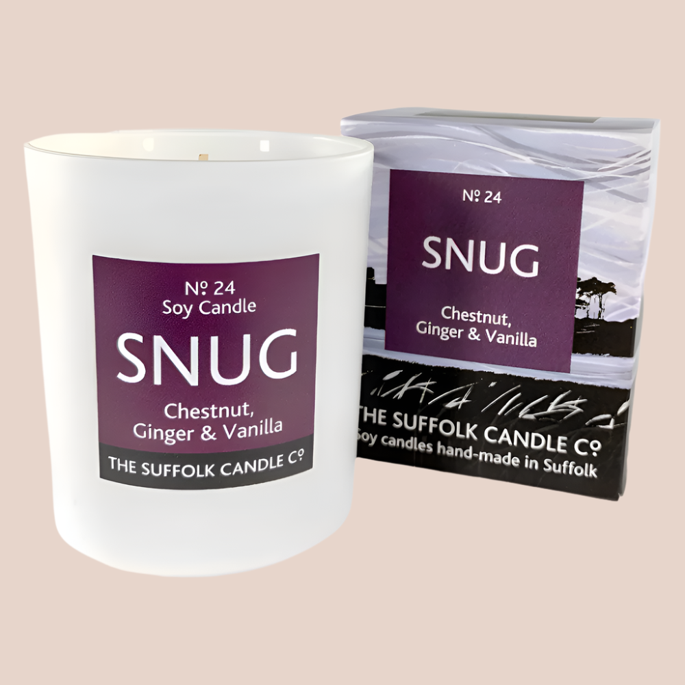 SNUG - Chestnut, Ginger and Vanilla - handmade soy candle - 200g - white glass