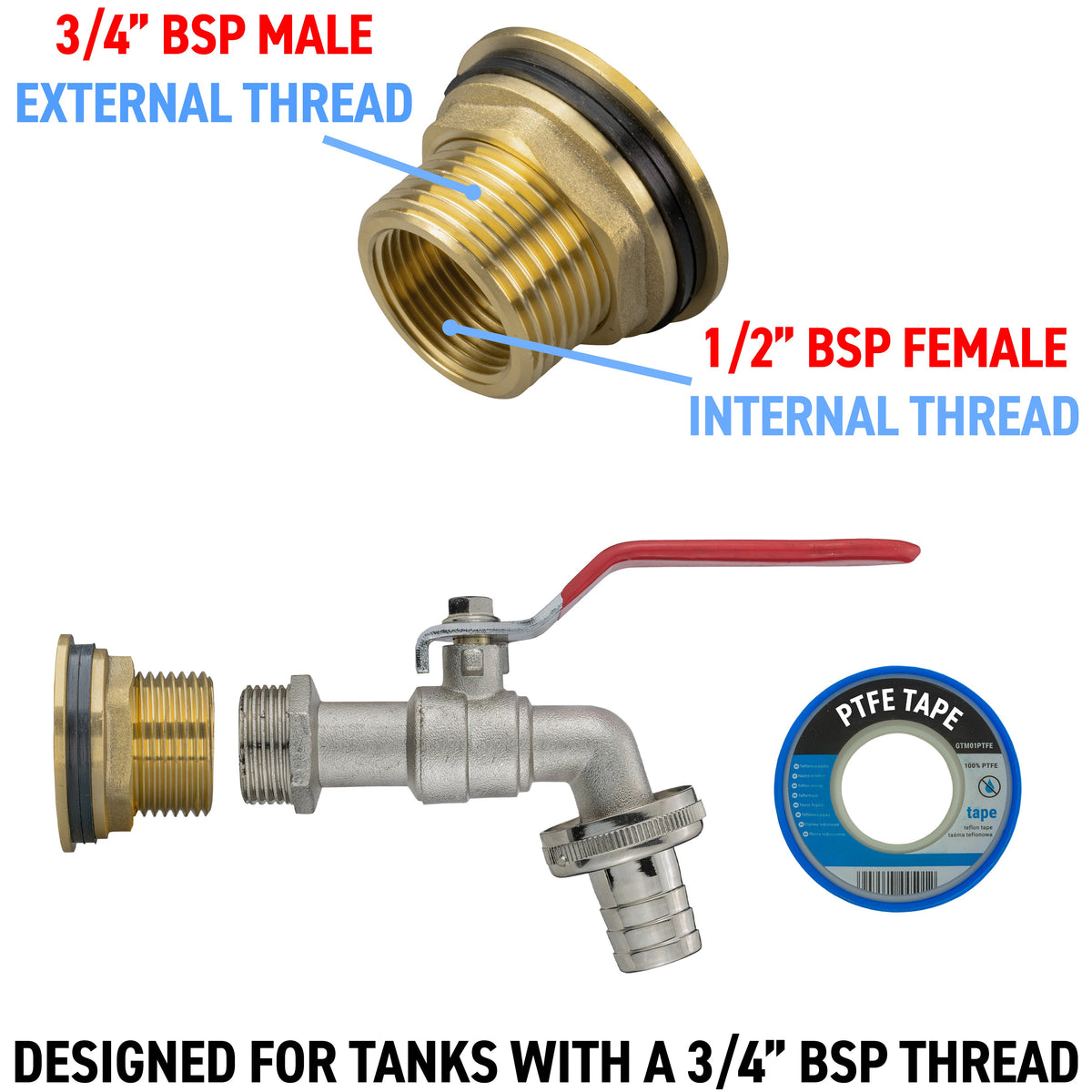 Water Butt Brass Kit 3/4in with Barbed Lever Tap Brass Water Fitting Tap Adapter