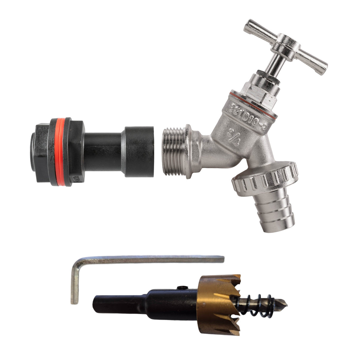 Water Butt Extension Kit 3/4in with Nickel Plated Barbed Tap and Drill Bit