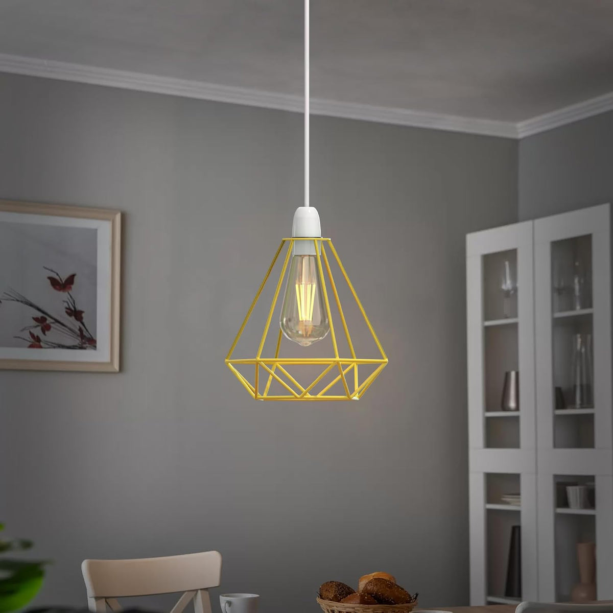 Yellow Diamond Cage Pendant Lamp Shade – Metal Wire Ceiling Light