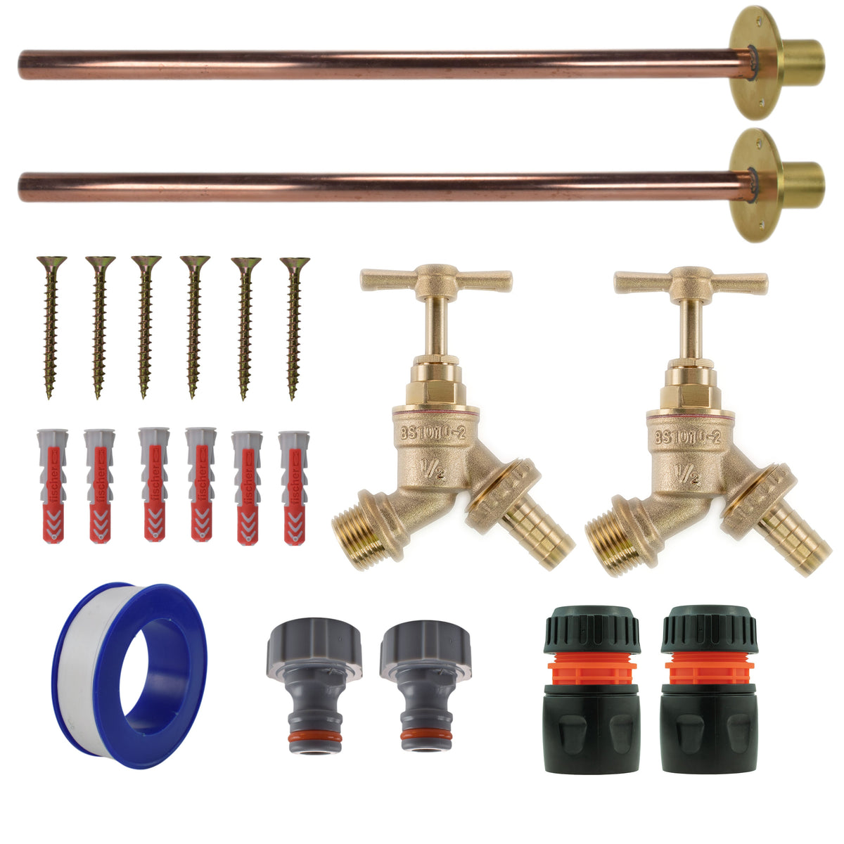 Brass Barbed Bib Tap BASIC Connection Kit x2 Garden Hose Pipe Hose Connector Set