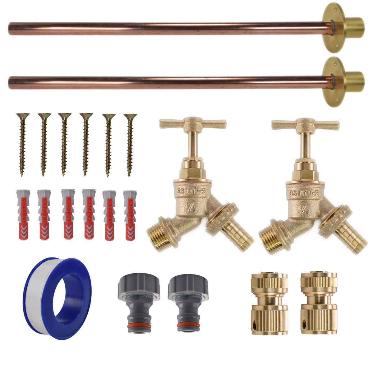 Brass Barbed Bib Tap BASIC Connection Kit x2 Garden Hose Pipe Hose Connector Set
