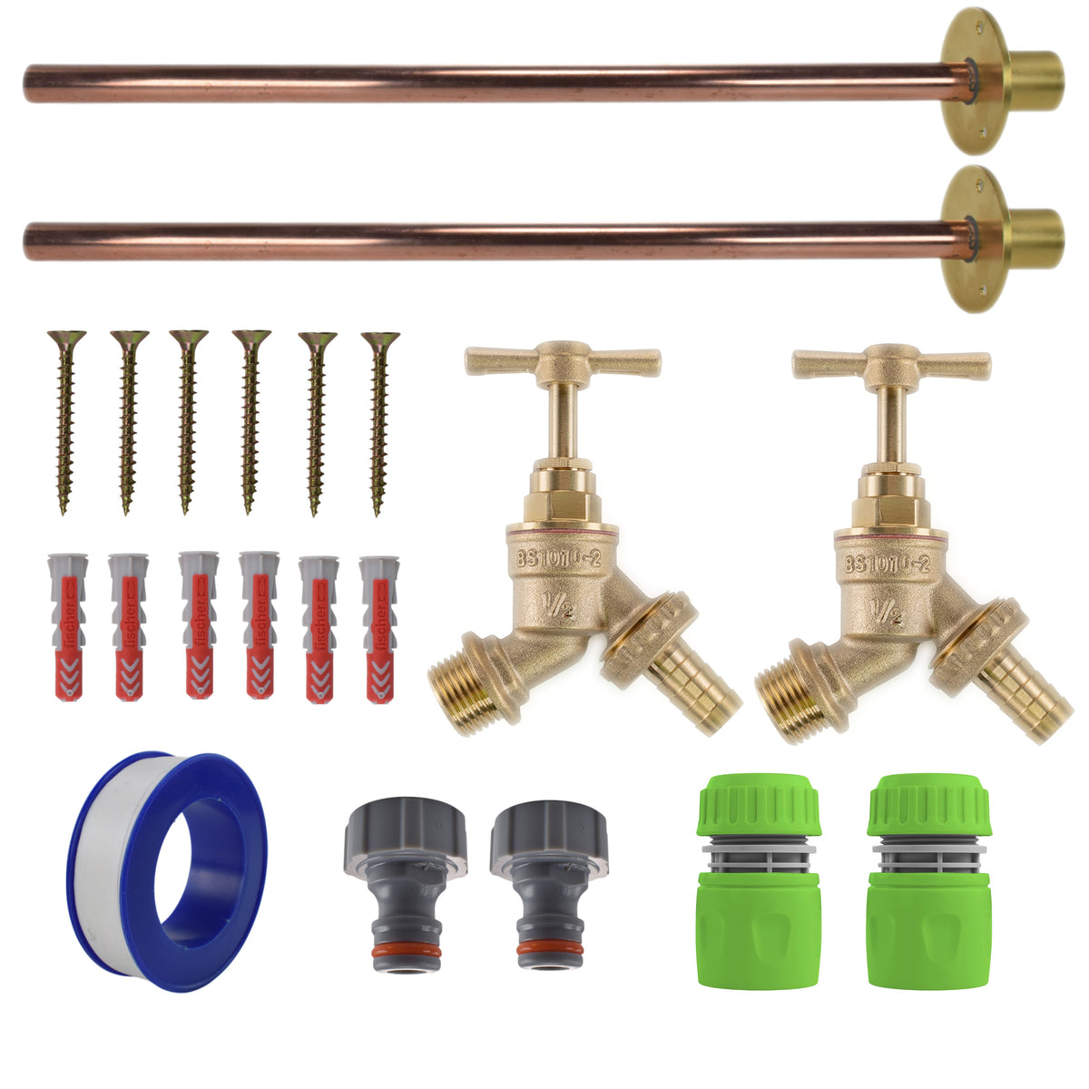 Brass Barbed Bib Tap BASIC Connection Kit x2 Garden Hose Pipe Hose Connector Set