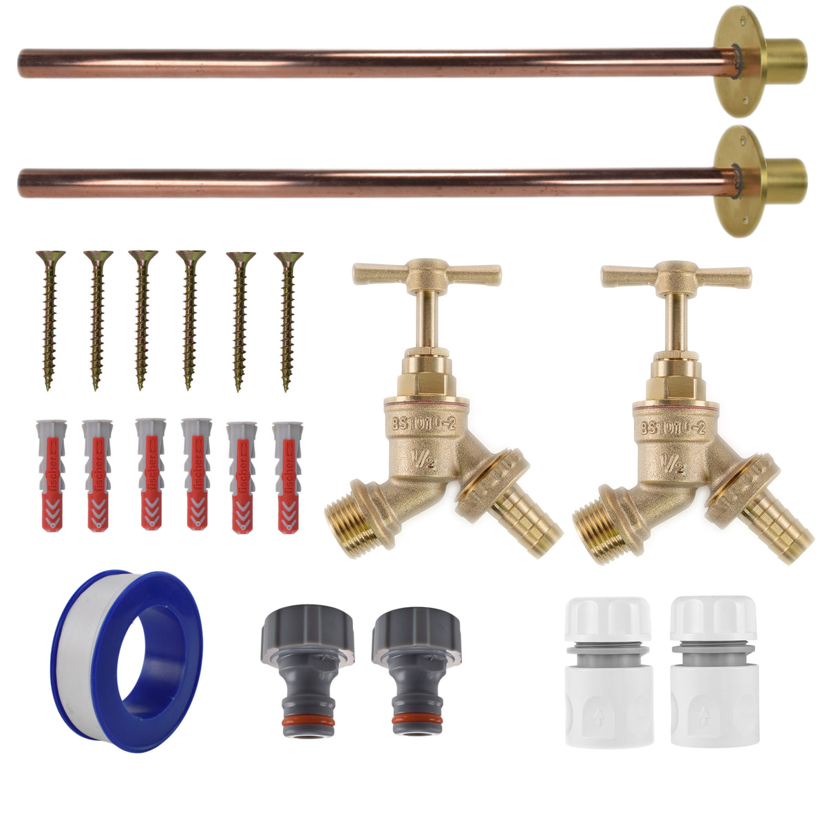 Brass Barbed Bib Tap BASIC Connection Kit x2 Garden Hose Pipe Hose Connector Set