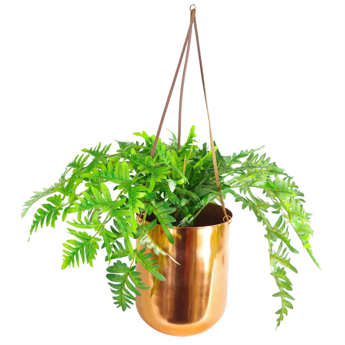 Copper Hanging Planter Leather Straps Modern Contemporary 18 x 22cm