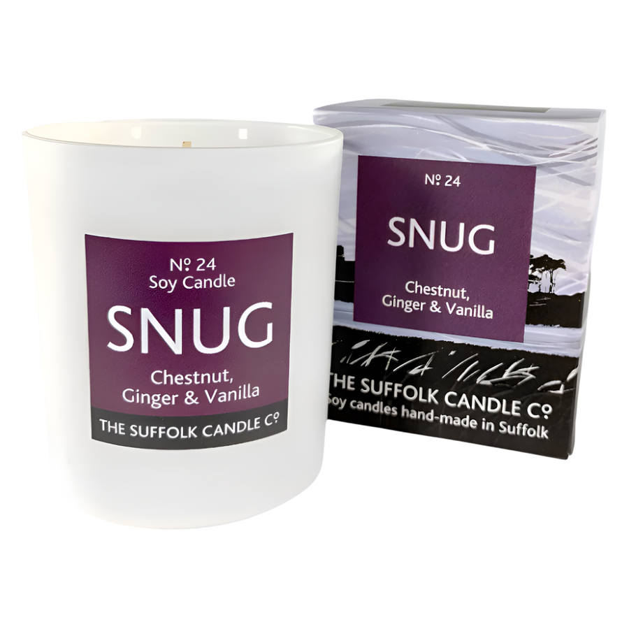 SNUG - Chestnut, Ginger and Vanilla - handmade soy candle - 200g - white glass