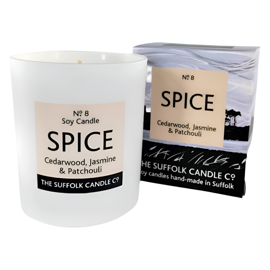 SPICE - Cedarwood, Jasmine and Patchouli - handmade soy candle - 200g - white glass