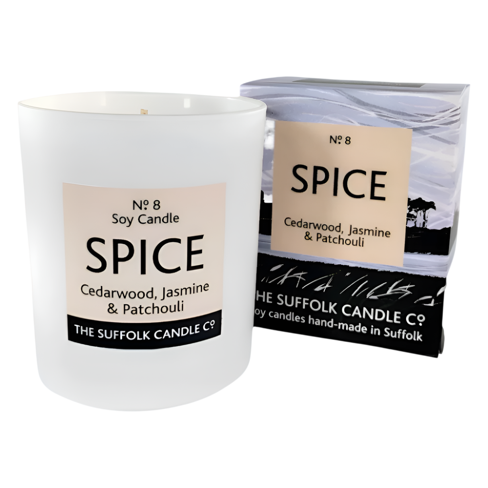 SPICE - Cedarwood, Jasmine and Patchouli - handmade soy candle - 200g - white glass
