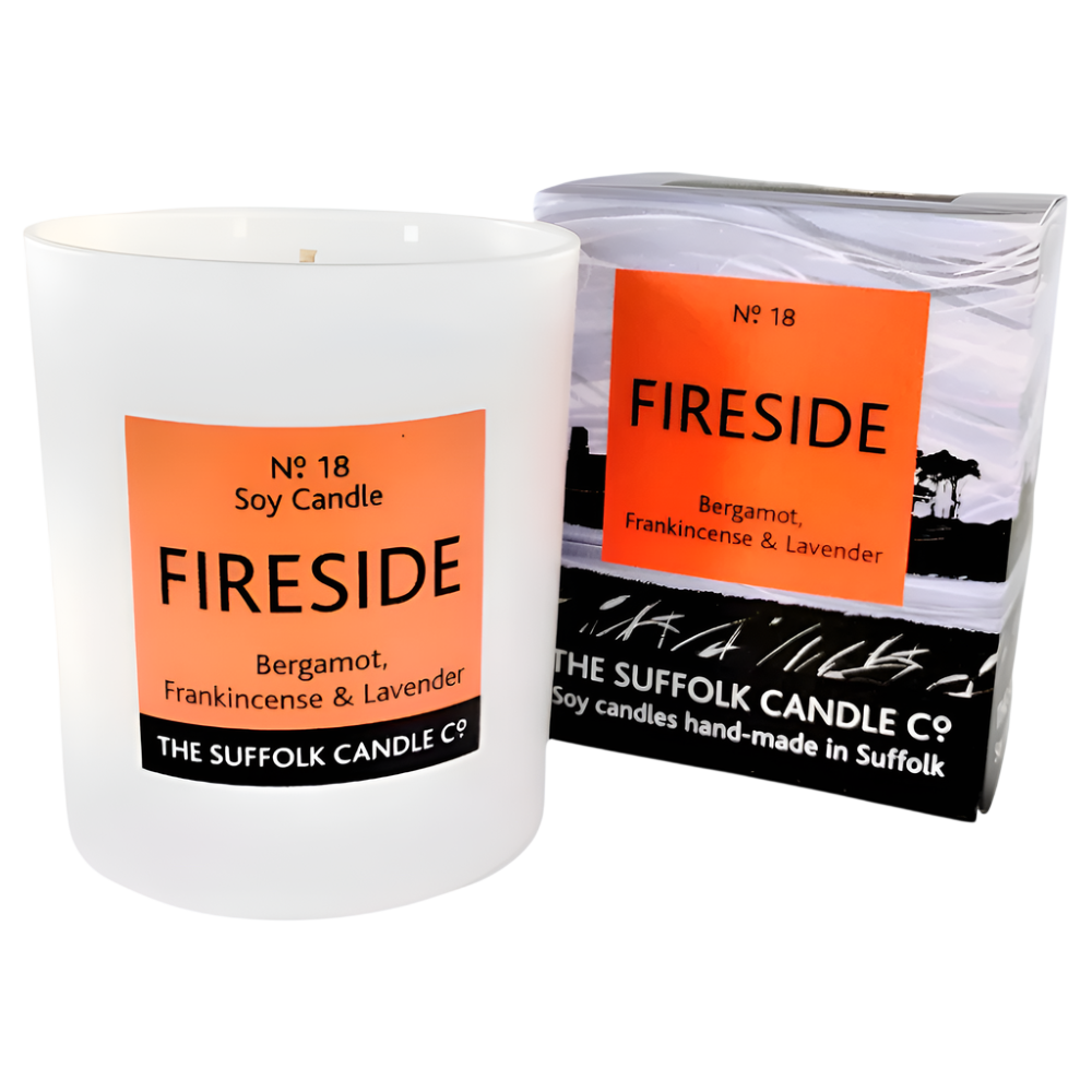 FIRESIDE - Bergamot, Frankincense and Lavender - handmade soy candle - 200g - white glass