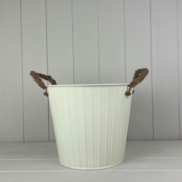23cm Cream Round Tapered Zinc Planter With Rope Ears With Drainage Hole