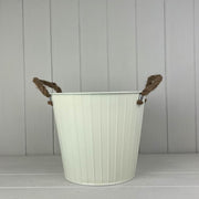 23cm Cream Round Tapered Zinc Planter With Rope Ears With Drainage Hole